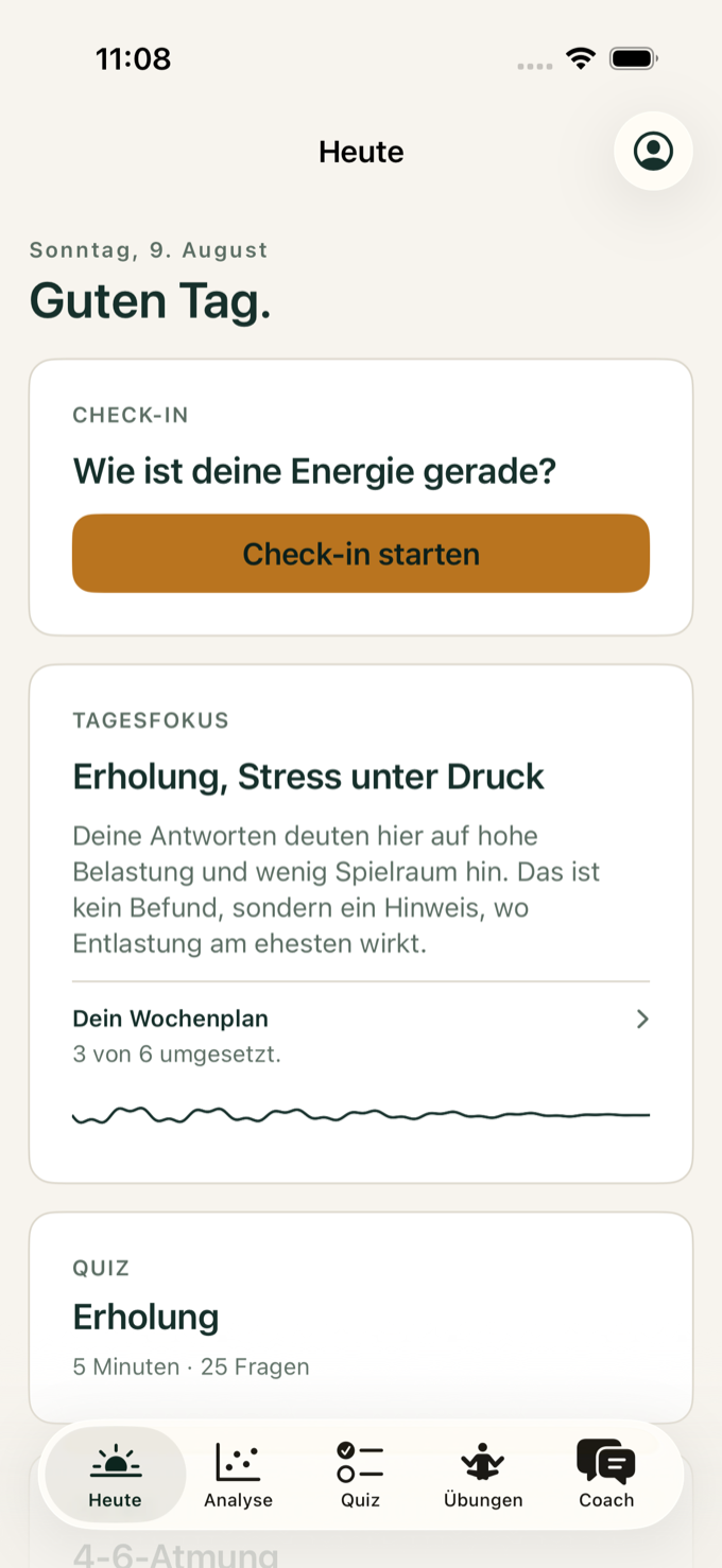 Der Heute-Screen der VitaLead App: Begrüßung, Check-in, Tagesfokus, Wochenplan und Quizkarte.